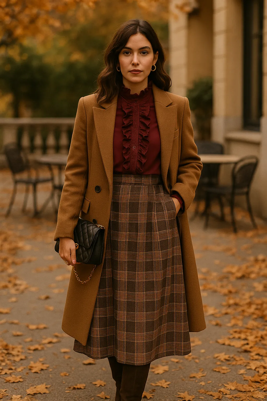 Mujer con look otoño-invierno en tonos burdeos y beige - La Galería