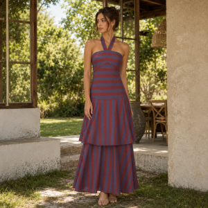 Vestido Midi de Rayas con Cuello Halter y Volante