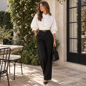 Blusa blanca plisada con botones joya
