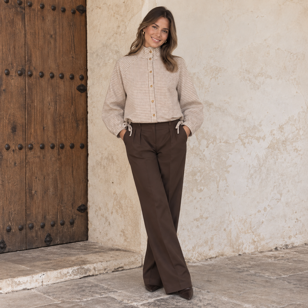 Camisa de cuadros ingleses con cinturilla ajustable